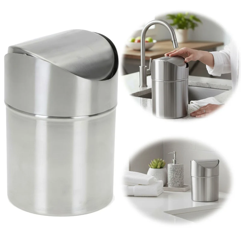 Edelstahl Mini Papierkorb Mülleimer 12x16cm Silber mit Schwing-Deckel Kosmetikeimer