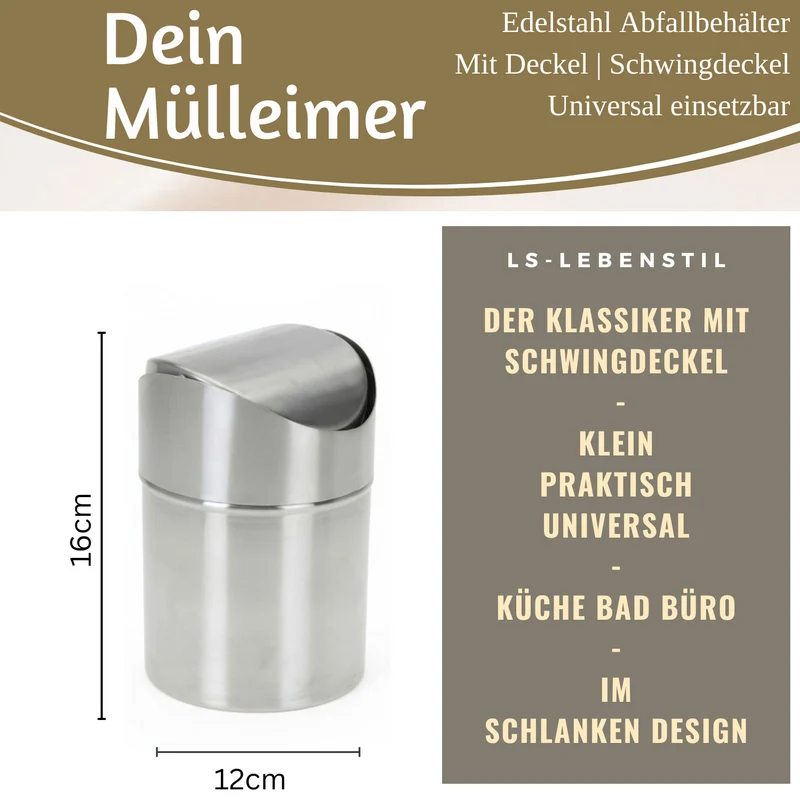 Edelstahl Mini Papierkorb Mülleimer 12x16cm Silber mit Schwing-Deckel Kosmetikeimer