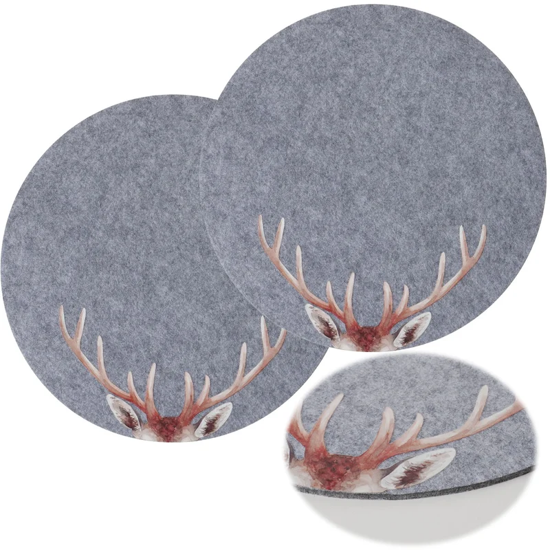 2x Filz Tischset Platzset Hirschgeweih Hellgrau 38cm Rund Platzdeckchen Platzmatte