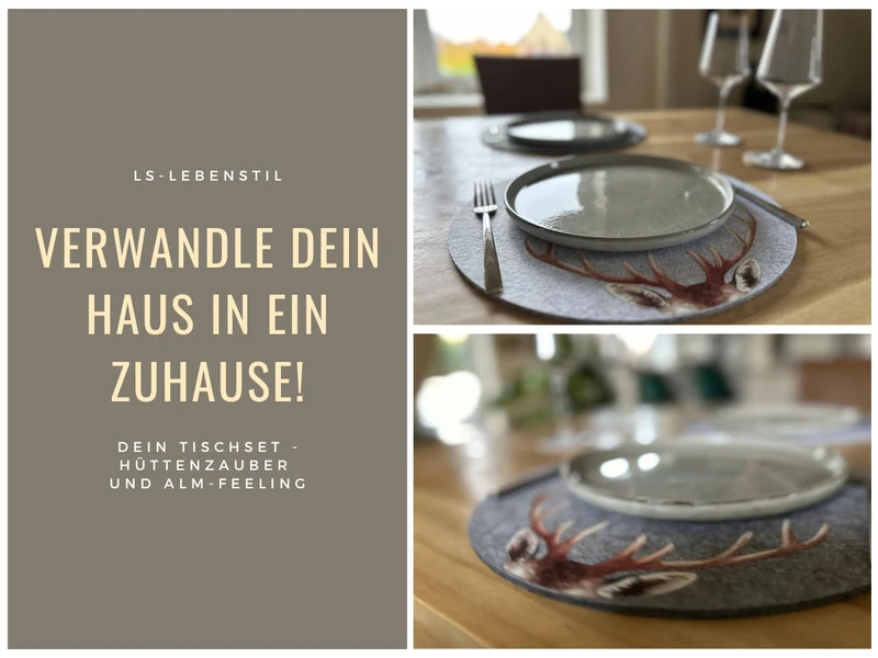 2x Filz Tischset Platzset Hirschgeweih Hellgrau 38cm Rund Platzdeckchen Platzmatte