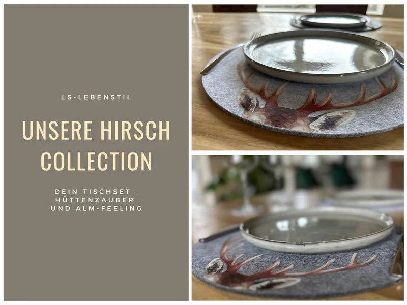 2x Filz Tischset Platzset Hirschgeweih Hellgrau 38cm Rund Platzdeckchen Platzmatte