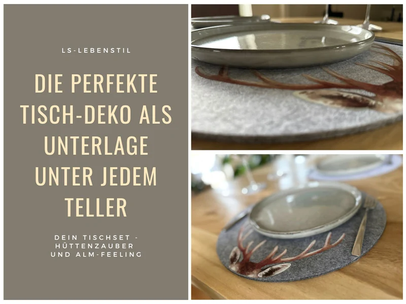 2x Filz Tischset Platzset Hirschgeweih Hellgrau 38cm Rund Platzdeckchen Platzmatte