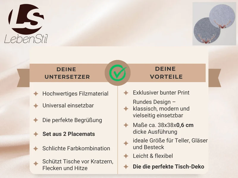 2x Filz Tischset Platzset Hirschgeweih Hellgrau 38cm Rund Platzdeckchen Platzmatte