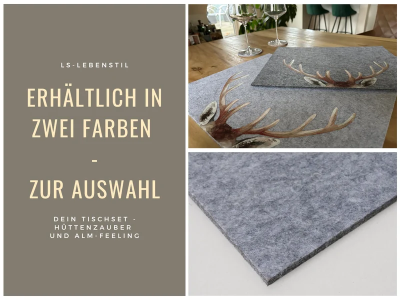 2x Filz Tischset Platzset Hirschgeweih Hellgrau 45cm Rechteckig Platzdeckchen Platzmatte