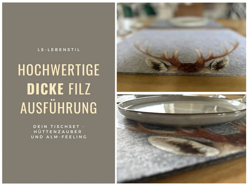 2x Filz Tischset Platzset Hirschgeweih Hellgrau 45cm Rechteckig Platzdeckchen Platzmatte