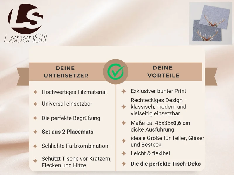 2x Filz Tischset Platzset Hirschgeweih Hellgrau 45cm Rechteckig Platzdeckchen Platzmatte