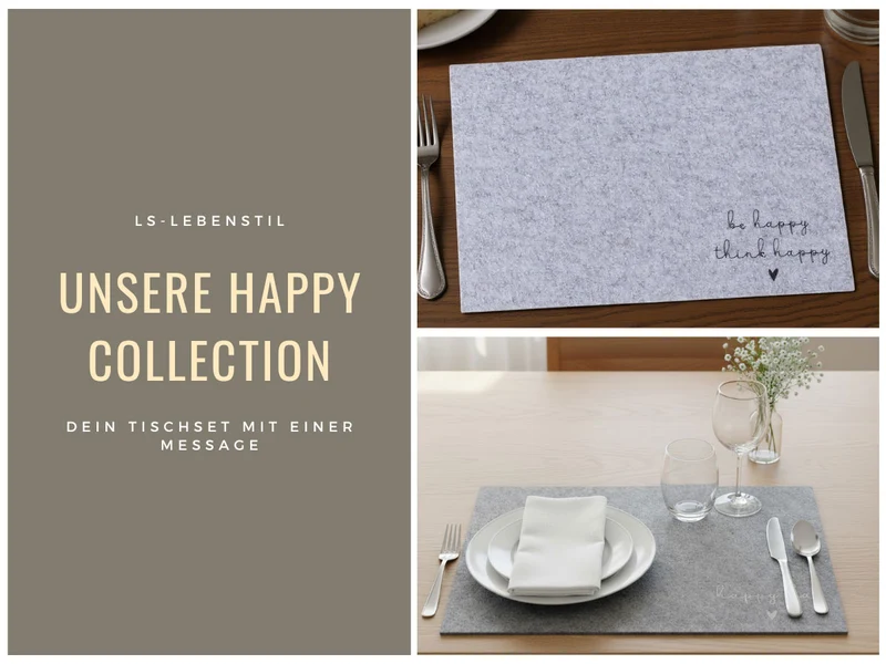 2x Filz Tischset Platzset Happy Hell-Grau 45cm Rechteckig Platzdeckchen Platzmatte