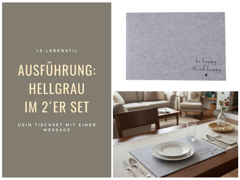 2x Filz Tischset Platzset Happy Hell-Grau 45cm Rechteckig Platzdeckchen Platzmatte