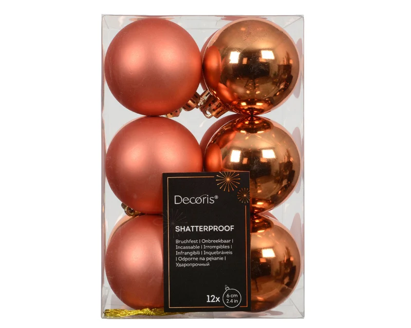 12 Design Weihnachtskugeln 6cm Orange Set Kunststoff Weihnachtsbaum-Deko