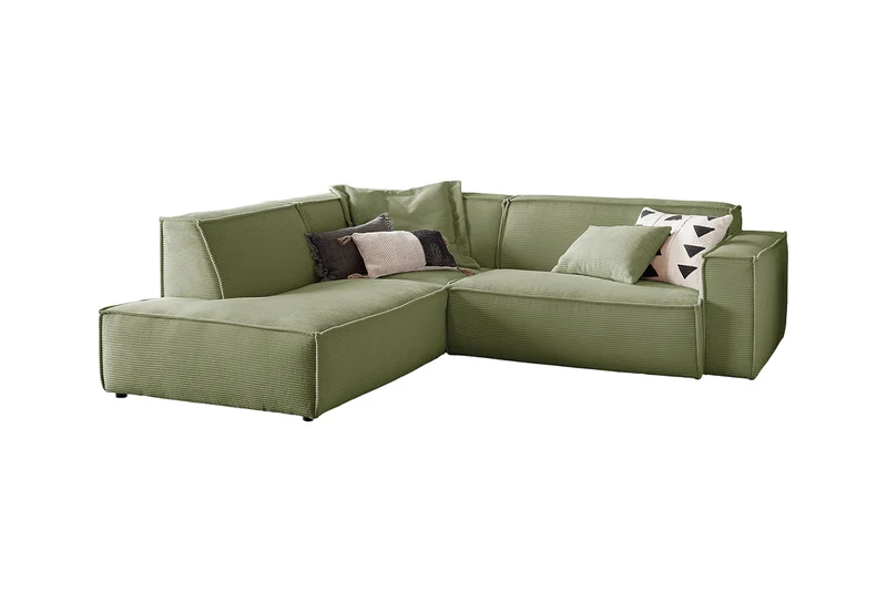 B-Ware KAWOLA Sofa SAMU Ecksofa Cord olivgrün Recamiere links