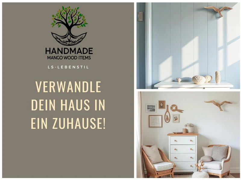 Wand-Objekt Möwe 46cm Mango Holz Braun Vogel Deko-Objekt Deko-Figur