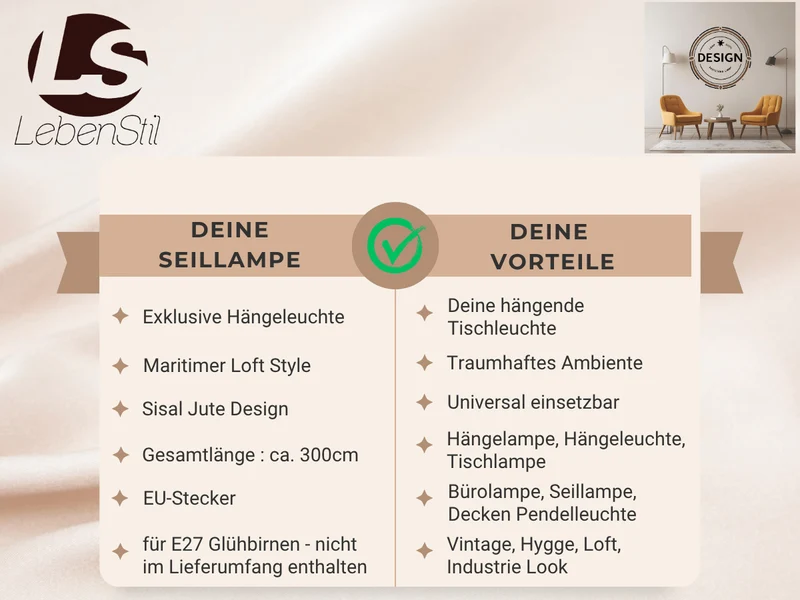 Tischlampe Hängelampe Tau Sisal 300cm Schwarz Seil Lampe Pendelleuchte
