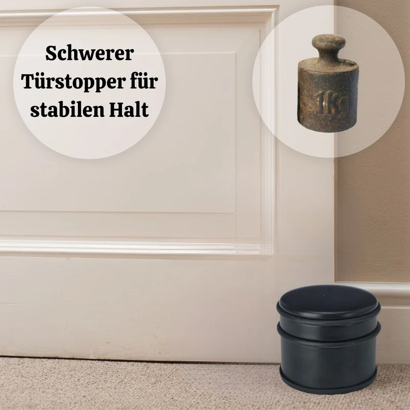 Premium Türstopper Schwarz Matt 1,1 kg schwerer Bodenstopper mit Gummiring