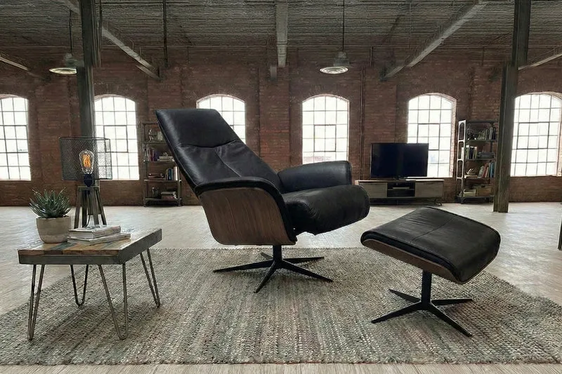 KAWOLA Relaxsessel FERREIRA Drehsessel Lederfaserstoff schwarz mit Hocker