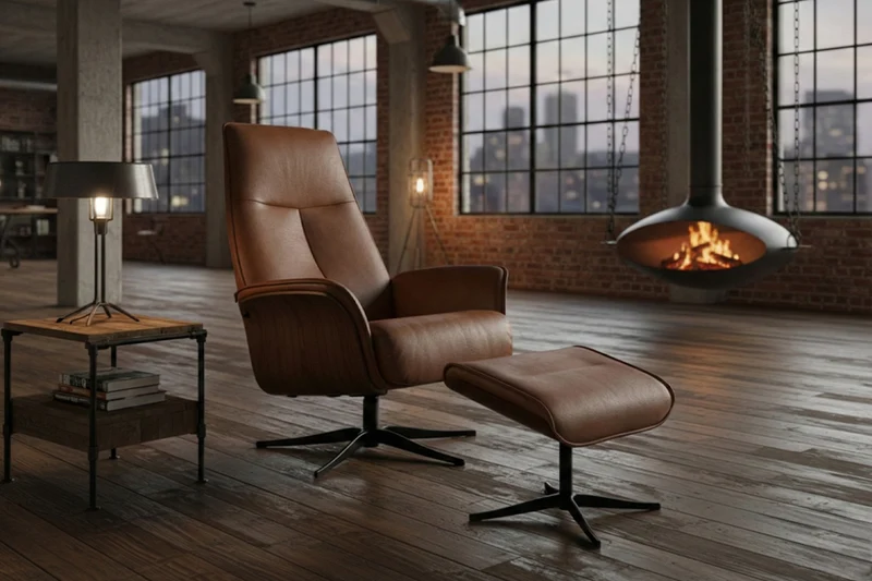 KAWOLA Relaxsessel FERREIRA Drehsessel Leder braun mit Hocker
