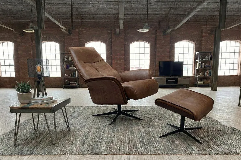 KAWOLA Relaxsessel FERREIRA Drehsessel Lederfaserstoff cognac mit Hocker