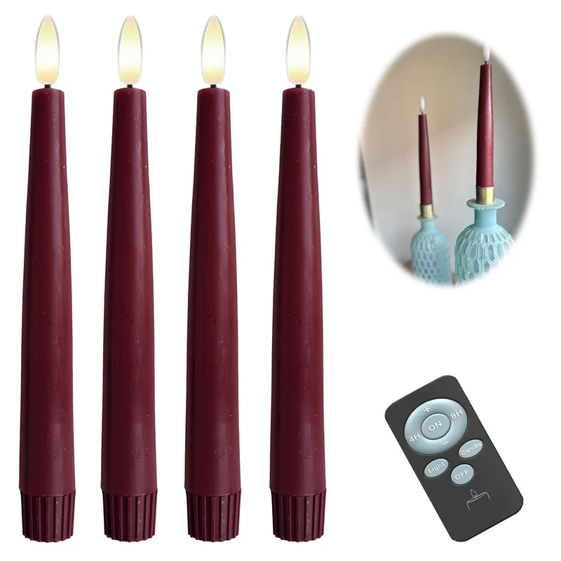 LED 3D Stabkerzen Ribe 4´er Set Beere Rot 17,5cm Timer Fernbedienung flackernde Kerze