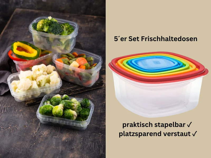 5-fach Frischhaltedosen Set 225-1900ml Quadrat Deckel Gefrierdosen Vorratsdosen