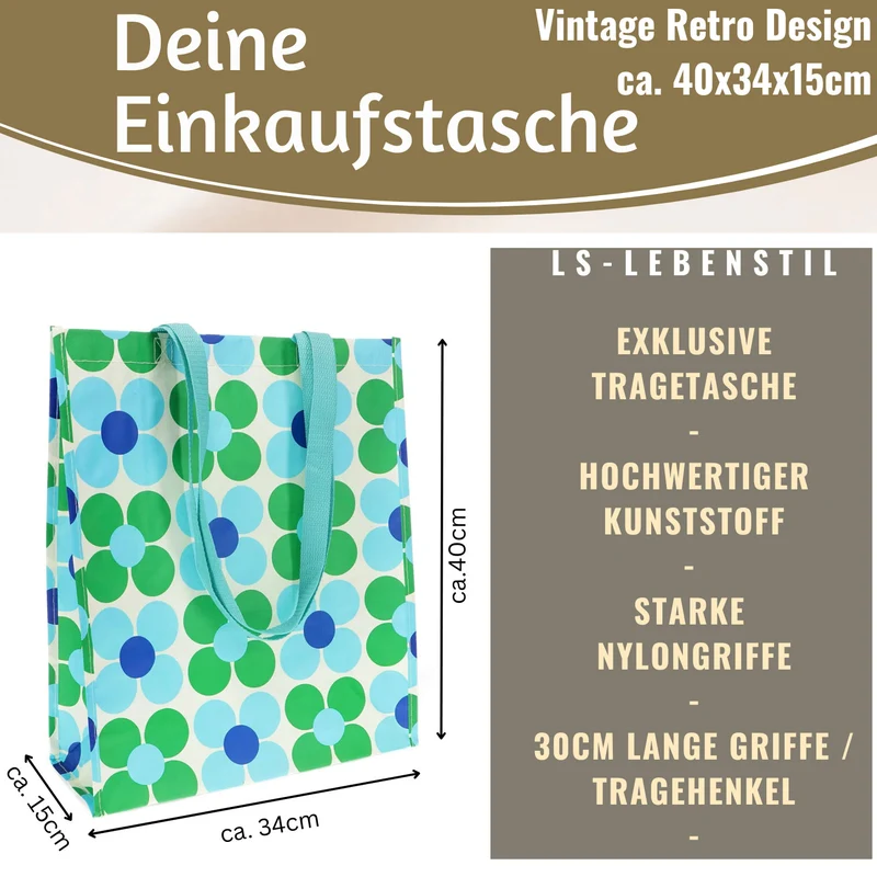 Retro Shopper Einkaufstasche Daisy Blau Grün faltbar Strandtasche Tragetasche