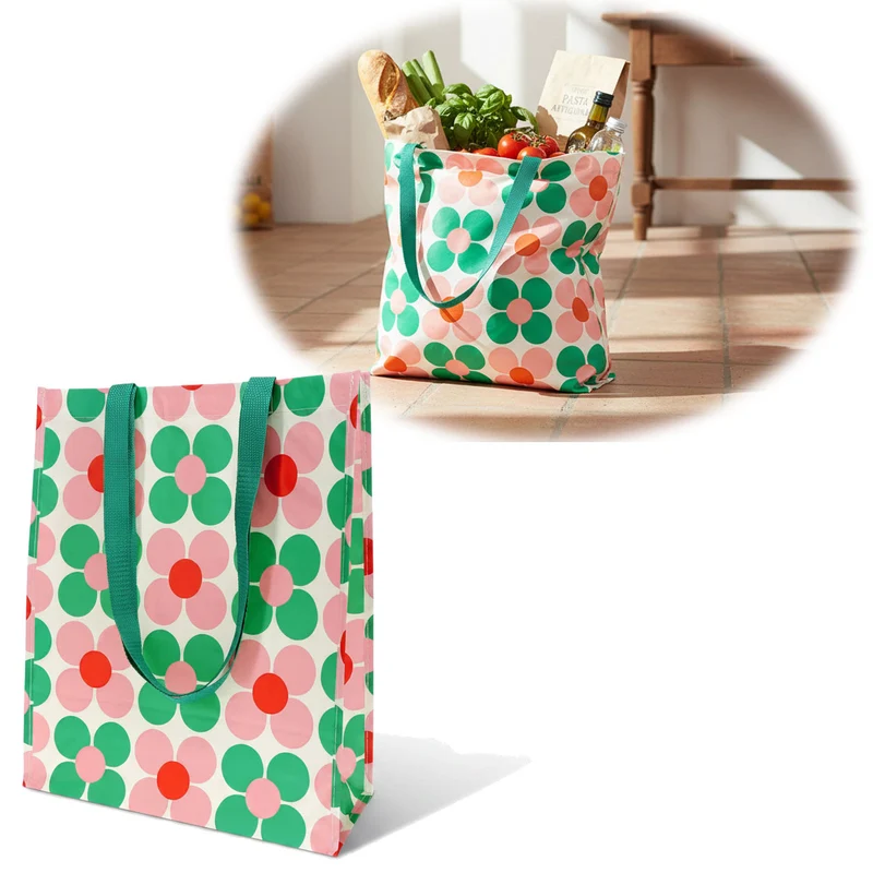 Retro Shopper Einkaufstasche Daisy Pink Grün faltbar Strandtasche Tragetasche