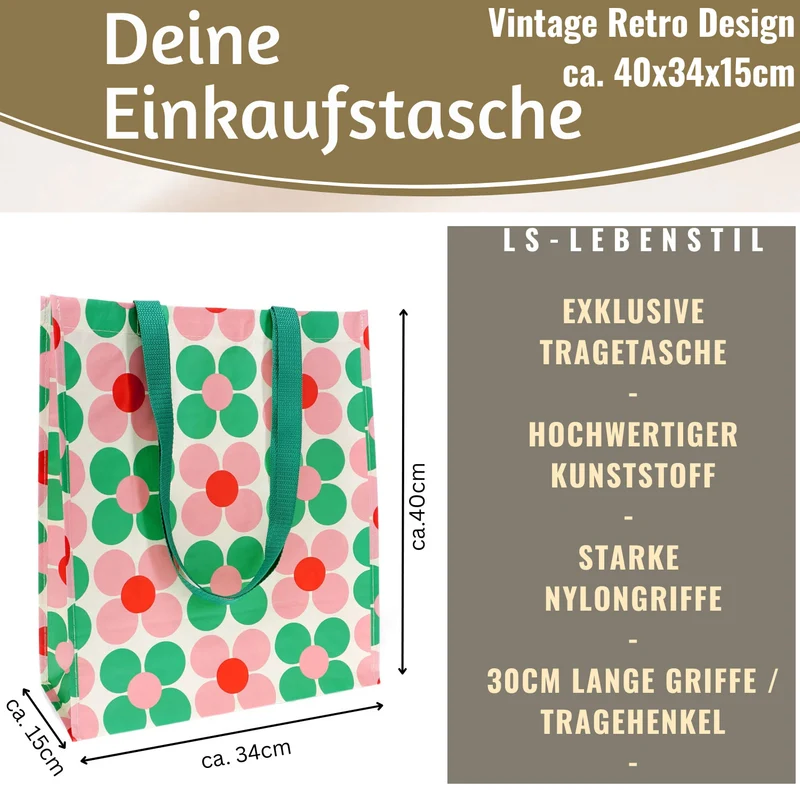 Retro Shopper Einkaufstasche Daisy Pink Grün faltbar Strandtasche Tragetasche