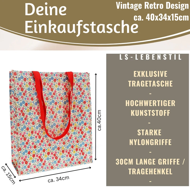 Retro Shopper Einkaufstasche Tilde Blumen faltbar Strandtasche Tragetasche