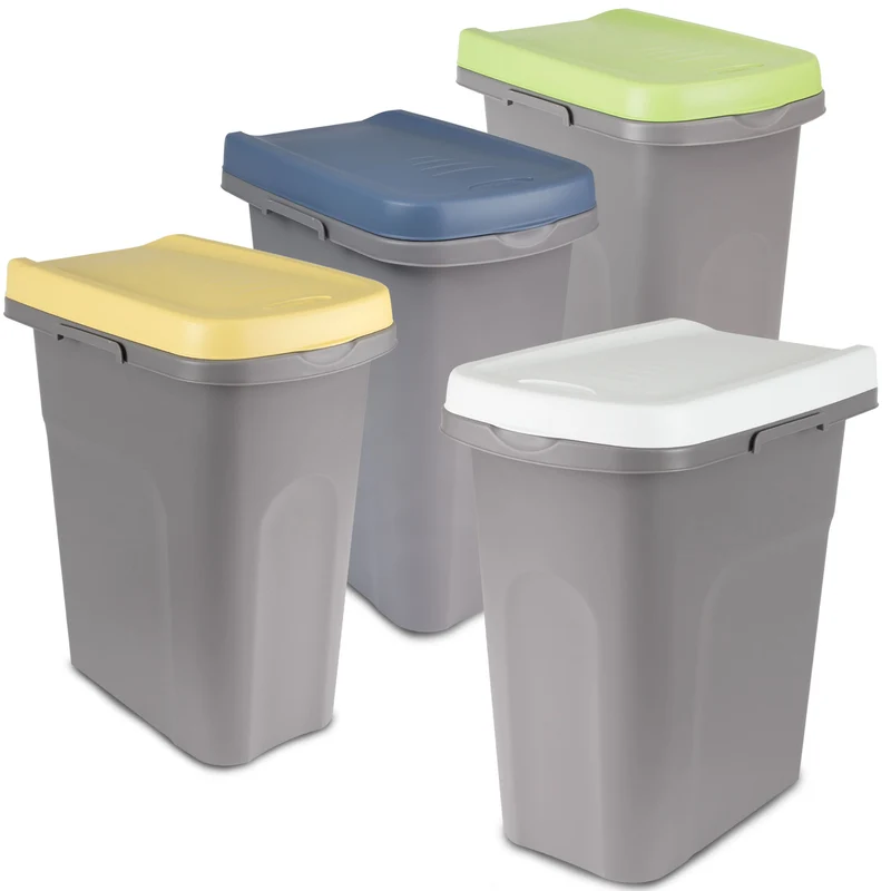 4x Mülleimer 15 Liter schmal Gelb Grün Blau Weiß Deckel Recycling Mülltrennung Abfalleimer Abfallbehälter Müll Küche rechteckig Abfallsammler Kunststoff Eimer Mülltonne Schmal Müllsackhalterung