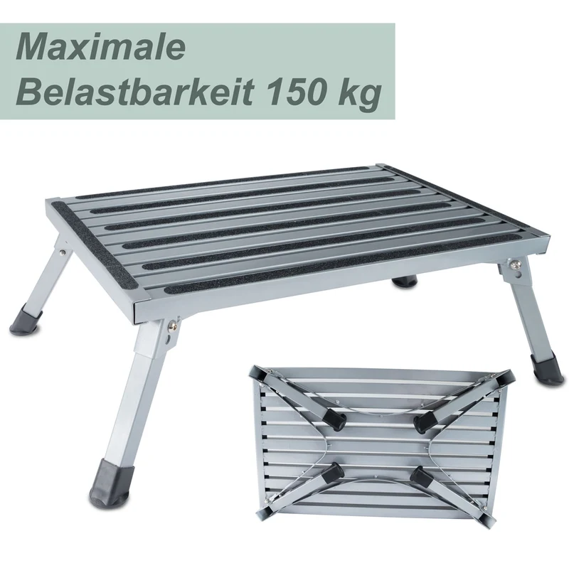 Caravan Trittstufe Klappbare Stufe 63x48x24 cm aus Aluminium bis zu 150kg belastbar mit Anti-Rutsch-Trittfläche Einstiegshilfe Einzeltritt Faltbar Wohnwagen Wohnmobil Fußbank Trittleiter
