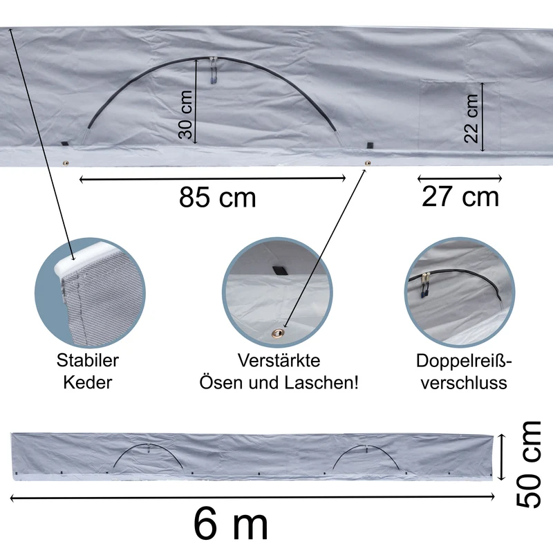 Bodenschürze Wohnwagenschürze 600x50 cm - Grau - mit 2 großen Aufbewahrungstaschen 95x85x30cm - Windschutz für Vorzelt Windblende Wangenschürze Camping Zubehör