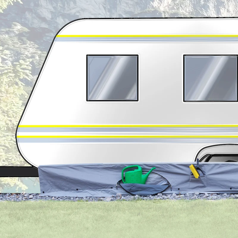 Bodenschürze Wohnwagenschürze 600x50 cm - Grau - mit 2 großen Aufbewahrungstaschen 95x85x30cm - Windschutz für Vorzelt Windblende Wangenschürze Camping Zubehör