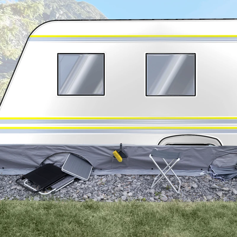 Bodenschürze Wohnwagenschürze 600x50 cm - Grau - mit 2 großen Aufbewahrungstaschen 95x85x30cm - Windschutz für Vorzelt Windblende Wangenschürze Camping Zubehör