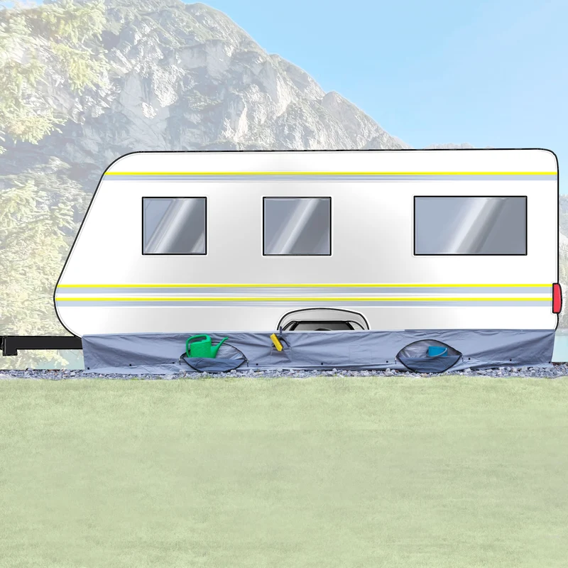 Bodenschürze Wohnwagenschürze 600x50 cm - Grau - mit 2 großen Aufbewahrungstaschen 95x85x30cm - Windschutz für Vorzelt Windblende Wangenschürze Camping Zubehör