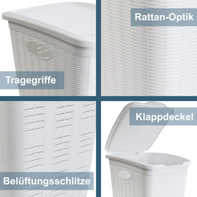 2x Wäschekorb 36 Liter schmal Weiß und Grau - Rattanoptik mit Deckel - Sortierer Wäschesammler mit Löcher 39x29x54cm Wäschebox Wäschesortierer Haushaltskorb Haushalt Kunststoff Wäschetruhe Wäschetonne