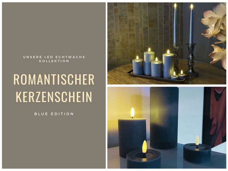 LED 3D Stumpenkerze Ribe Blau 10x7,5cm Echtwachs flackernde flammenlose Kerze