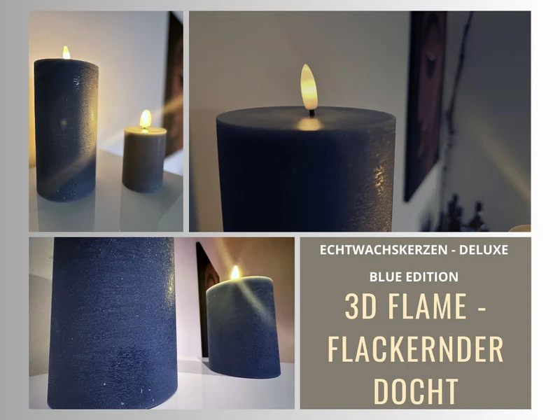 LED 3D Stumpenkerze Ribe Blau 10x7,5cm Echtwachs flackernde flammenlose Kerze