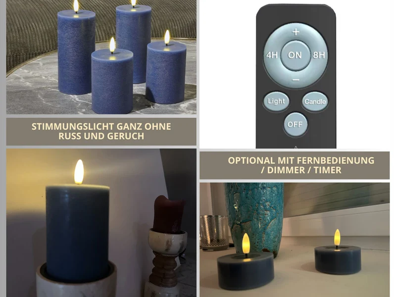 LED 3D Stumpenkerze Ribe Blau 10x7,5cm Echtwachs flackernde flammenlose Kerze