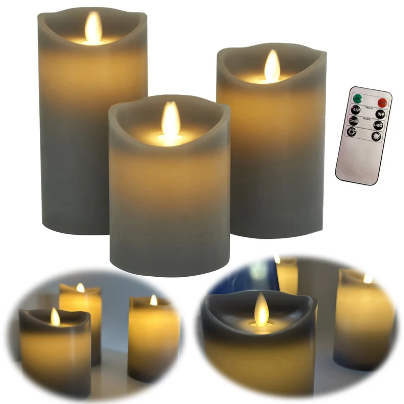 3D LED Echtwachs Stumpenkerze Grau 3´er Set Fernbedienung Timer flammenlose Kerze