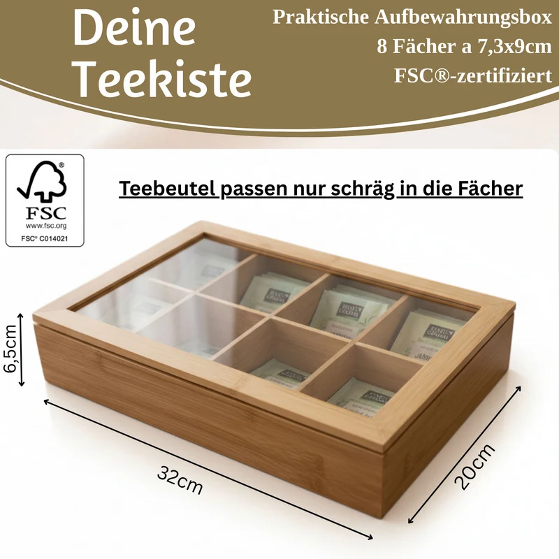 Holz Aufbewahrungsbox Teebox 8 Fächer mit Deckel Schmuckkiste Teekiste Teekasten