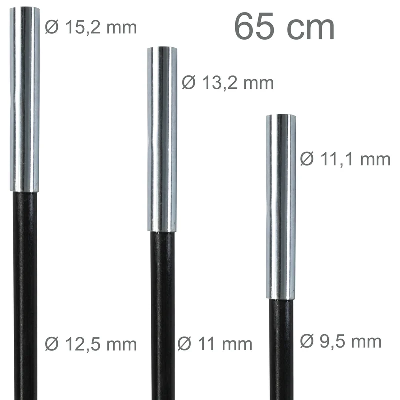 Fiberglas Zeltstange Reparatur-Set 3 Fiberglas-Segmente Ø12,5/11/9,5 mm 65 cm - mit Gummizug und Einfädelhilfe Hülsen Zeltgestänge Zeltstangen - Ersatzstangen für Zelte Kürzbar