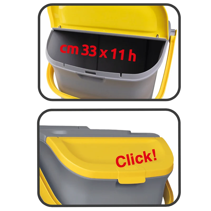 2x Stapelbarer Müllsortierer 28 Liter Grau mit FARBIGEM Faltdeckel 39x37x41 cm Mülleimer Mülltonne Mülltrennsystem Recyclingtonne verschließbarer Deckel