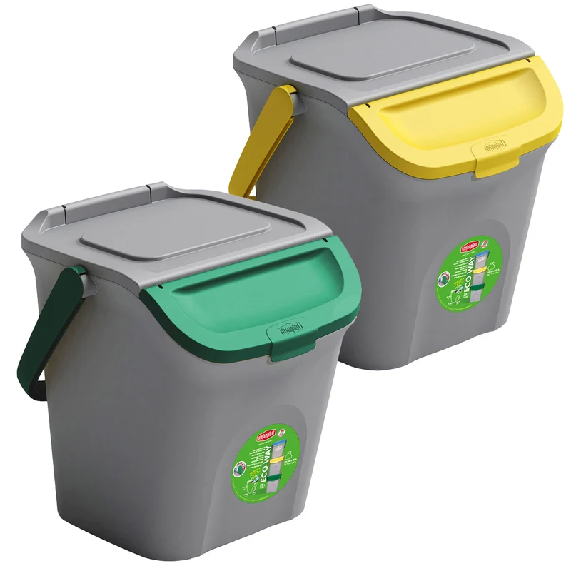 2x Stapelbarer Müllsortierer 28 Liter Grau mit FARBIGEM Faltdeckel 39x37x41 cm Mülleimer Mülltonne Mülltrennsystem Recyclingtonne verschließbarer Deckel