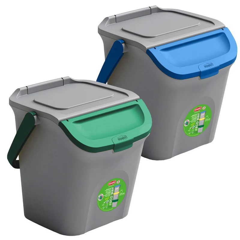 2x Stapelbarer Müllsortierer 28 Liter Grau mit FARBIGEM Faltdeckel 39x37x41 cm Mülleimer Mülltonne Mülltrennsystem Recyclingtonne verschließbarer Deckel