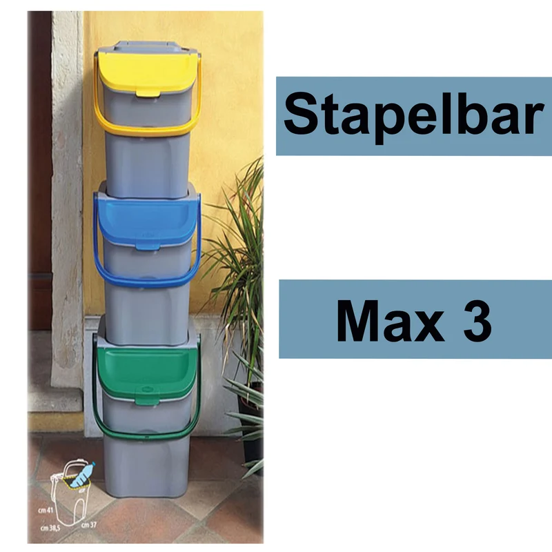 Stapelbarer Müllsortierer 28 Liter Grau mit Farbigem Faltdeckel 39x37x41 cm Mülleimer Mülltonne Mülltrennsystem Recyclingtonne verschließbarer Deckel