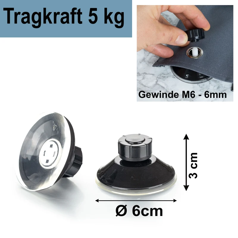8 Stück Saugnapf mit Gewinde Ø6 cm Befestigungssystem ohne Bohren für Vorzelte Zelte Organizer Aufbewahrung Wohnwagenschürzen Radabdeckung Gummisauger Wohnwagen Wohnmobil Camping Halterung Schwarz