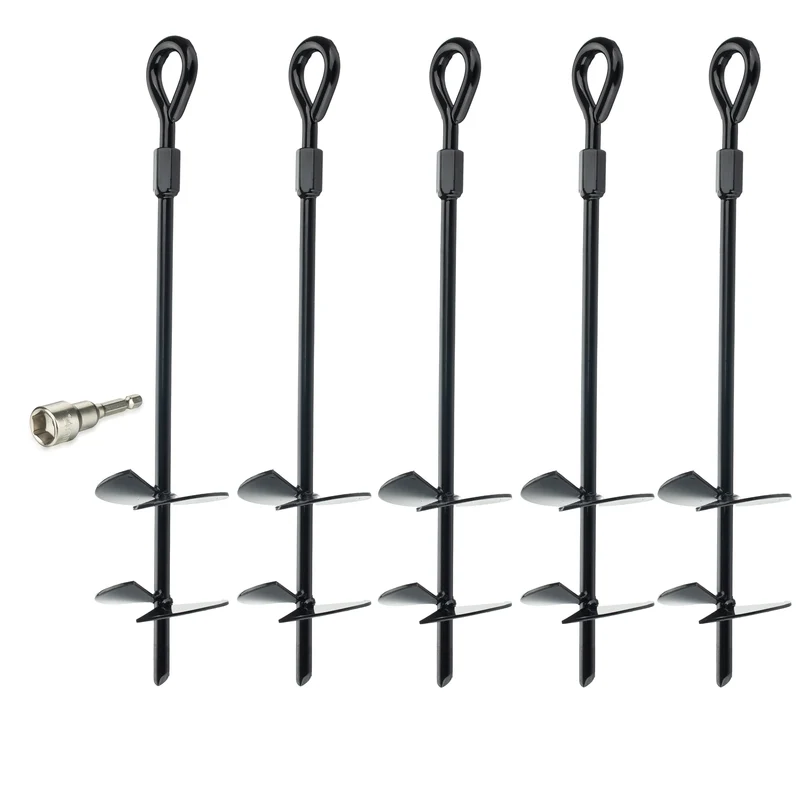 5 Stück Telleranker 37 cm Bodenanker mit Einschraubhilfe Spirale Spiralhering Spiralbodenpfahl mit 2 Spiraltellern Outdoor Hund Erdanker