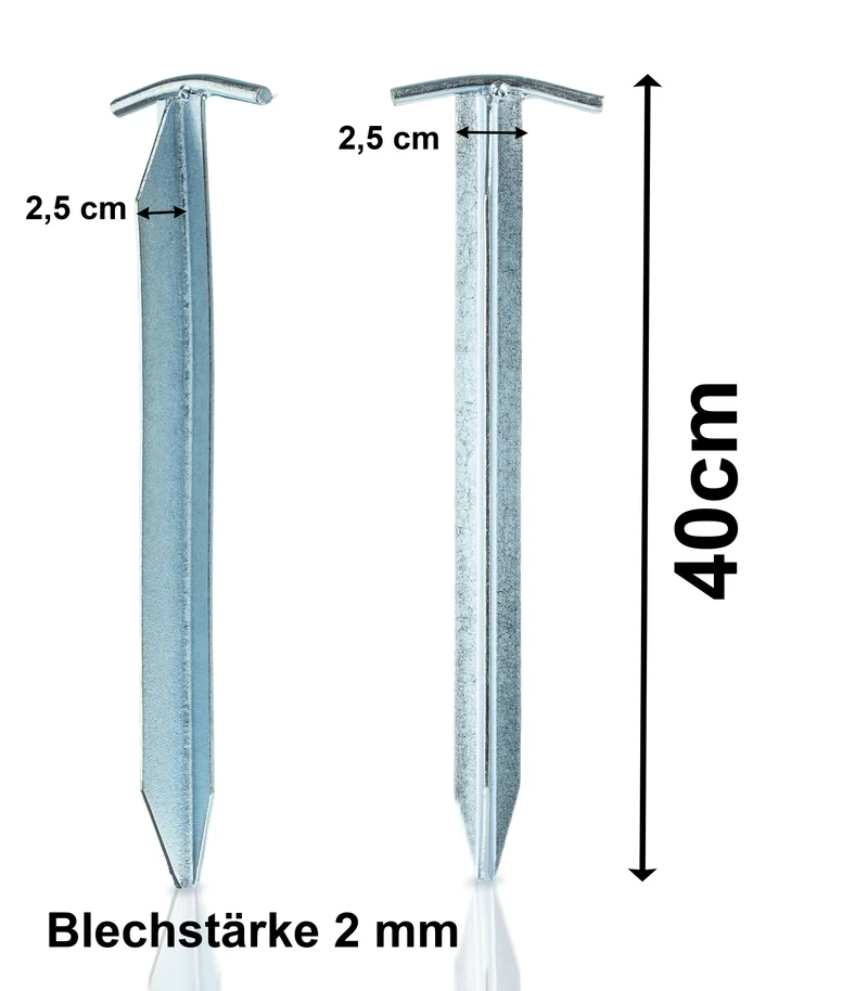 5 Stück Stahl Hering 40 cm - T-Profil - Felsnagel Zelthering harter Boden Zeltnagel Zeltpflock Erdspieß Camping Zubehör Outdoor Set