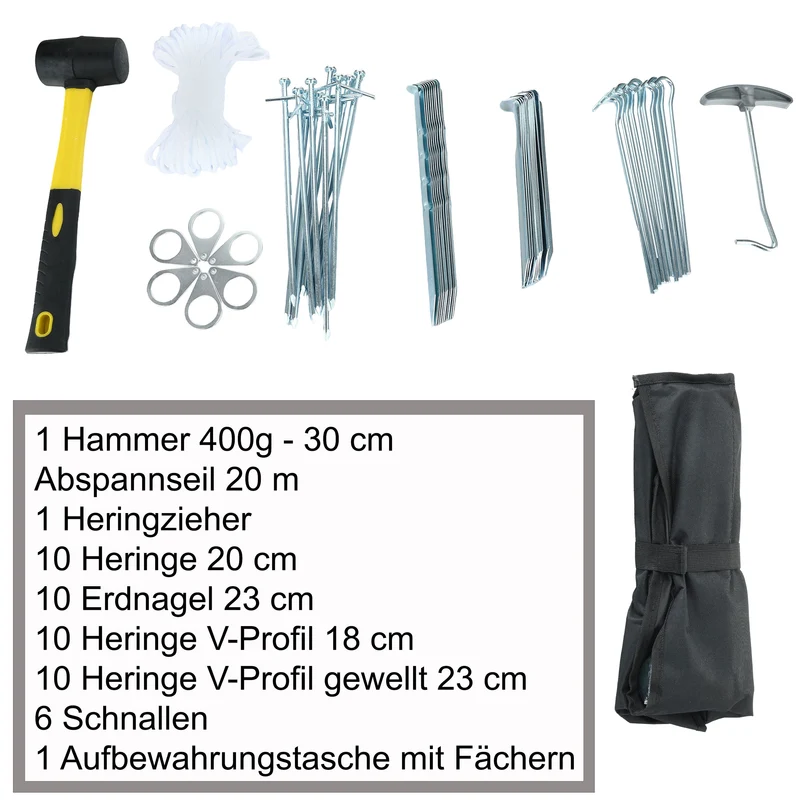 Zeltzubehör Set in praktischer Aufbewahrungstasche 50 Teile - 40 Heringe Heringzieher Campinghammer Abspannseil Seil-Schnalle Campingzubehör Bodenanker Zeltnagel Erdnagel