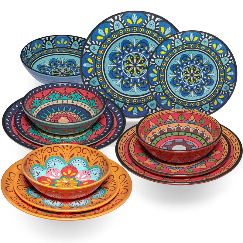 Melamin Geschirr Set Toskana für 4 Personen - 12 Teile - BUNT - mit Edelstahl Thermo Tassen Mandala-Optik Spülmaschinengeeignet Essgeschirr Campingzubehör Campinggeschirr Wohnwagen Camping