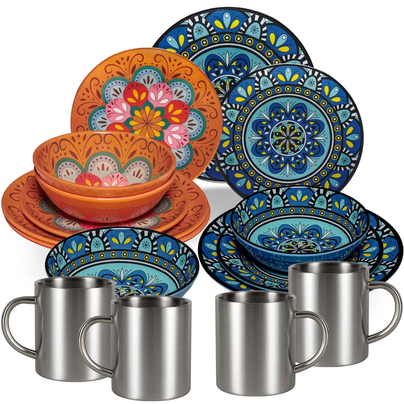 Melamin Geschirr Set Toskana Pastel für 4 Personen - 16 Teile - Orange-Blau - mit Edelstahltassen Mandala-Optik Spülmaschinengeeignet Essgeschirr Campingzubehör Campinggeschirr Wohnwagen Camping