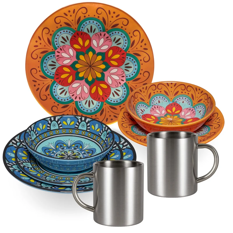 Melamin Geschirr Set Toskana Pastel für 2 Personen - 8 Teile - Orange-Blau - mit Edelstahltassen Mandala-Optik Spülmaschinengeeignet Essgeschirr Campingzubehör Campinggeschirr Wohnwagen Camping